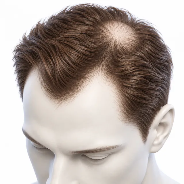 Illustration eines Keramikmodells mit Haarverlust am Haaransatz und einer getrennten kahlen Stelle am Oberkopf