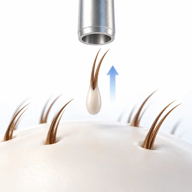 Vereinfachte Illustration der FUE-Entnahme: eine Haargruppe unter einem runden Instrument über einer geschlossenen Modelloberfläche
