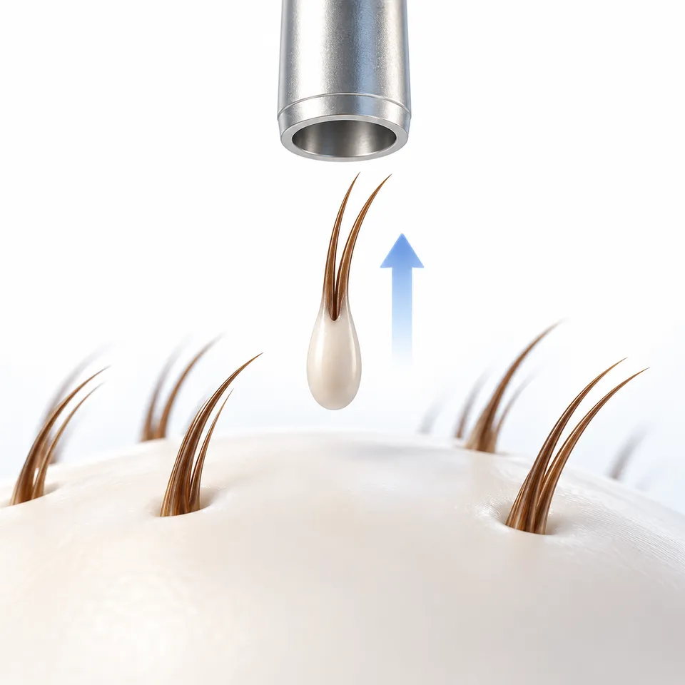 Vereinfachte Illustration der FUE-Entnahme: eine Haargruppe unter einem runden Instrument über einer geschlossenen Modelloberfläche