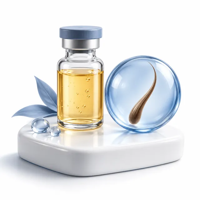 Illustration zur Haarmedizin mit einem Fläschchen und einem stilisierten Haar unter einer blauen Linse