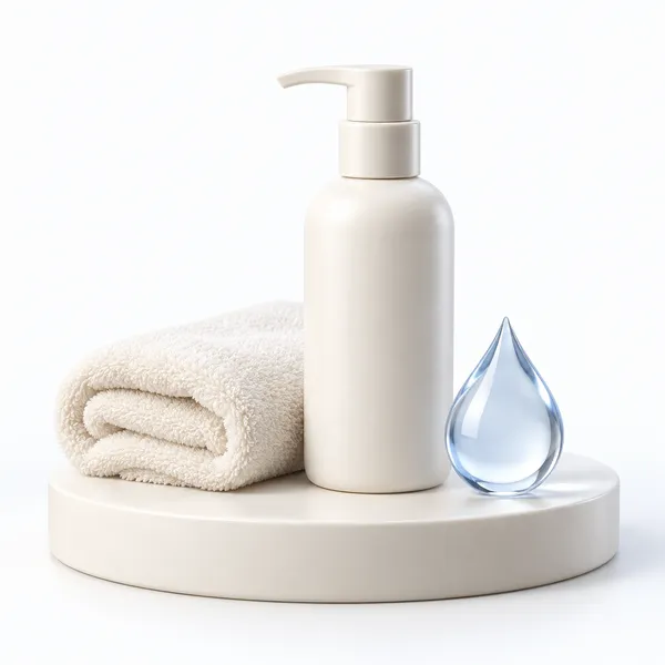 Illustration eines Pflege-Sets mit neutraler Shampooflasche, Handtuch und blauem Wassertropfen