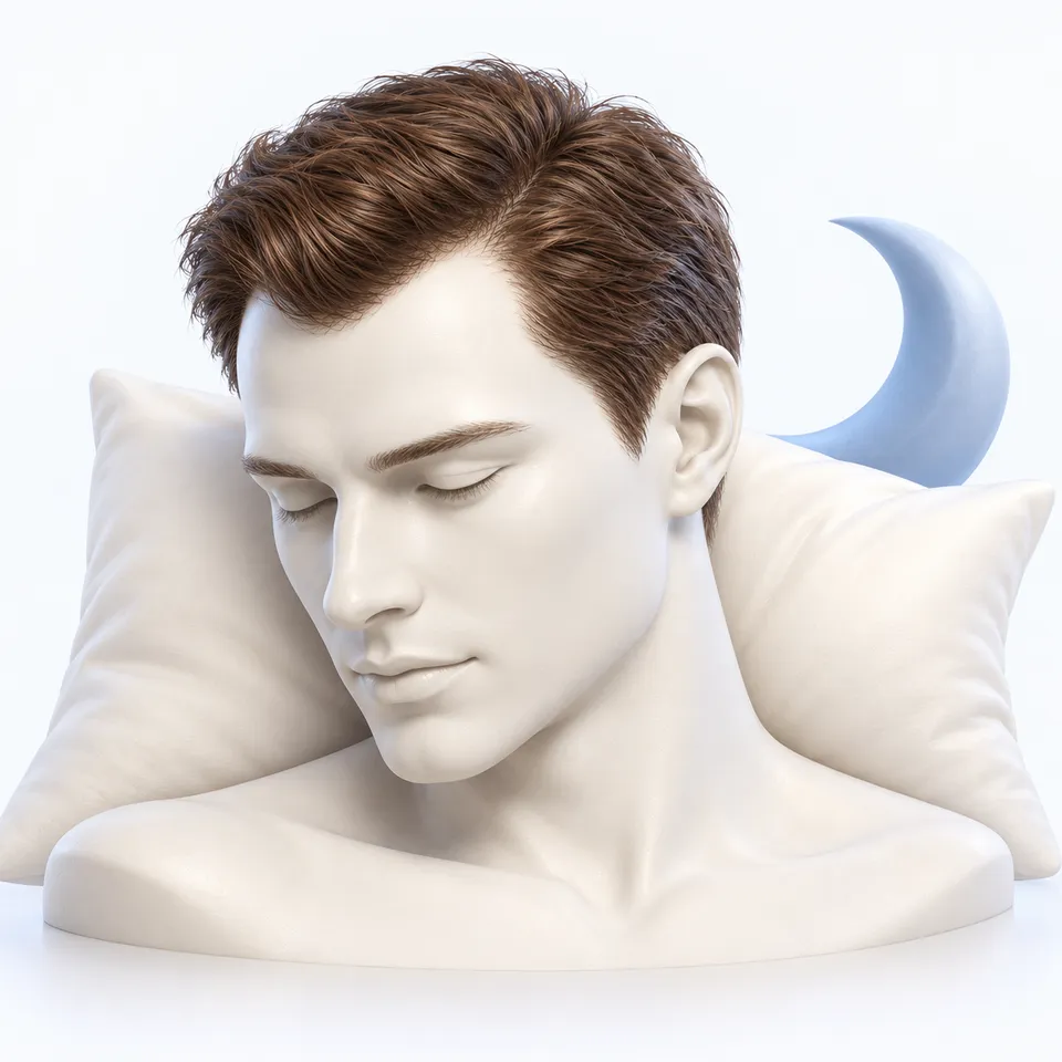 Illustration eines ruhenden Keramikmodells mit Kissen und blauem Mond als Symbol für Schonung